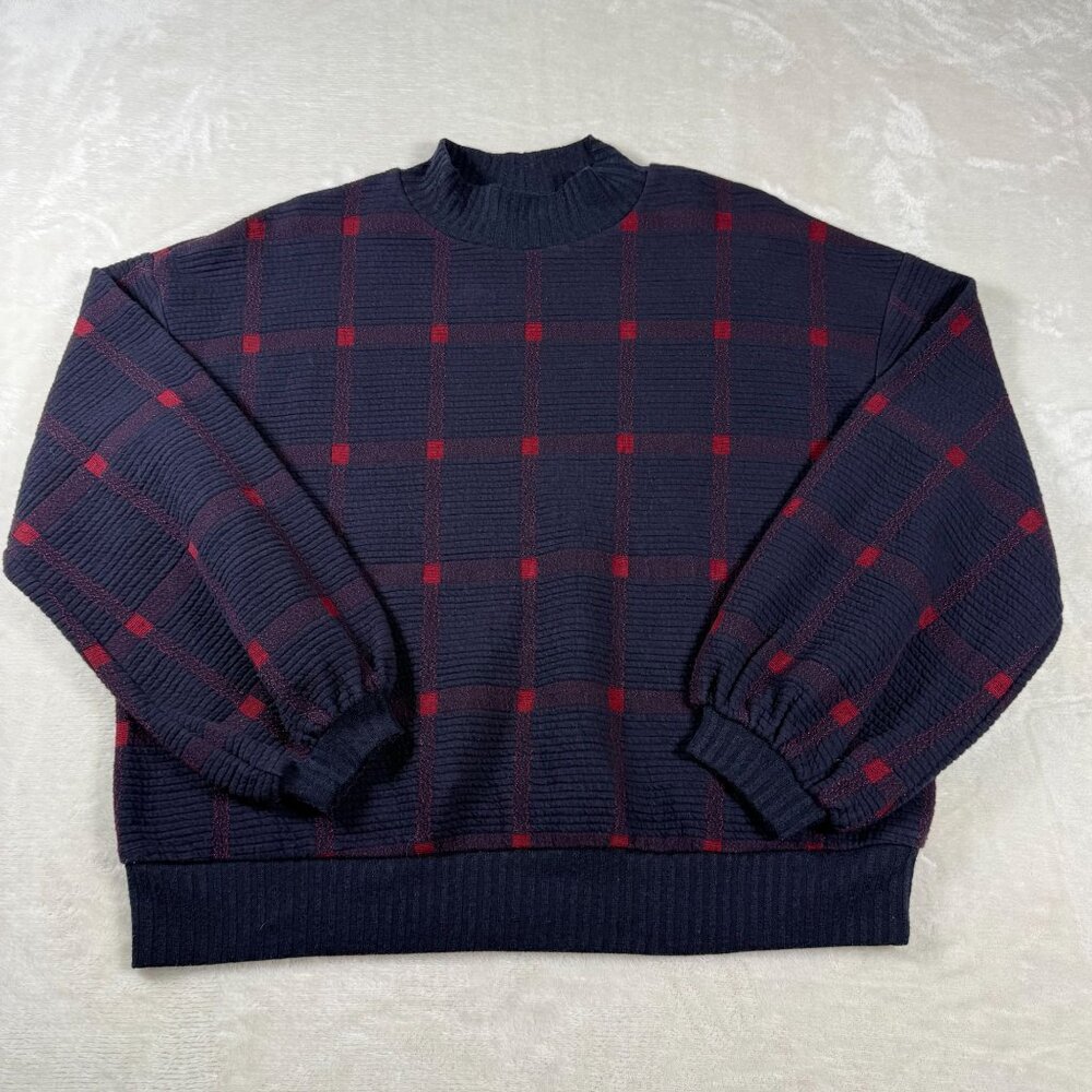 Porridge Bonnie Balloon Sleeve Sweater Plaid Mock Neck Sweatshirt Navy Red Small